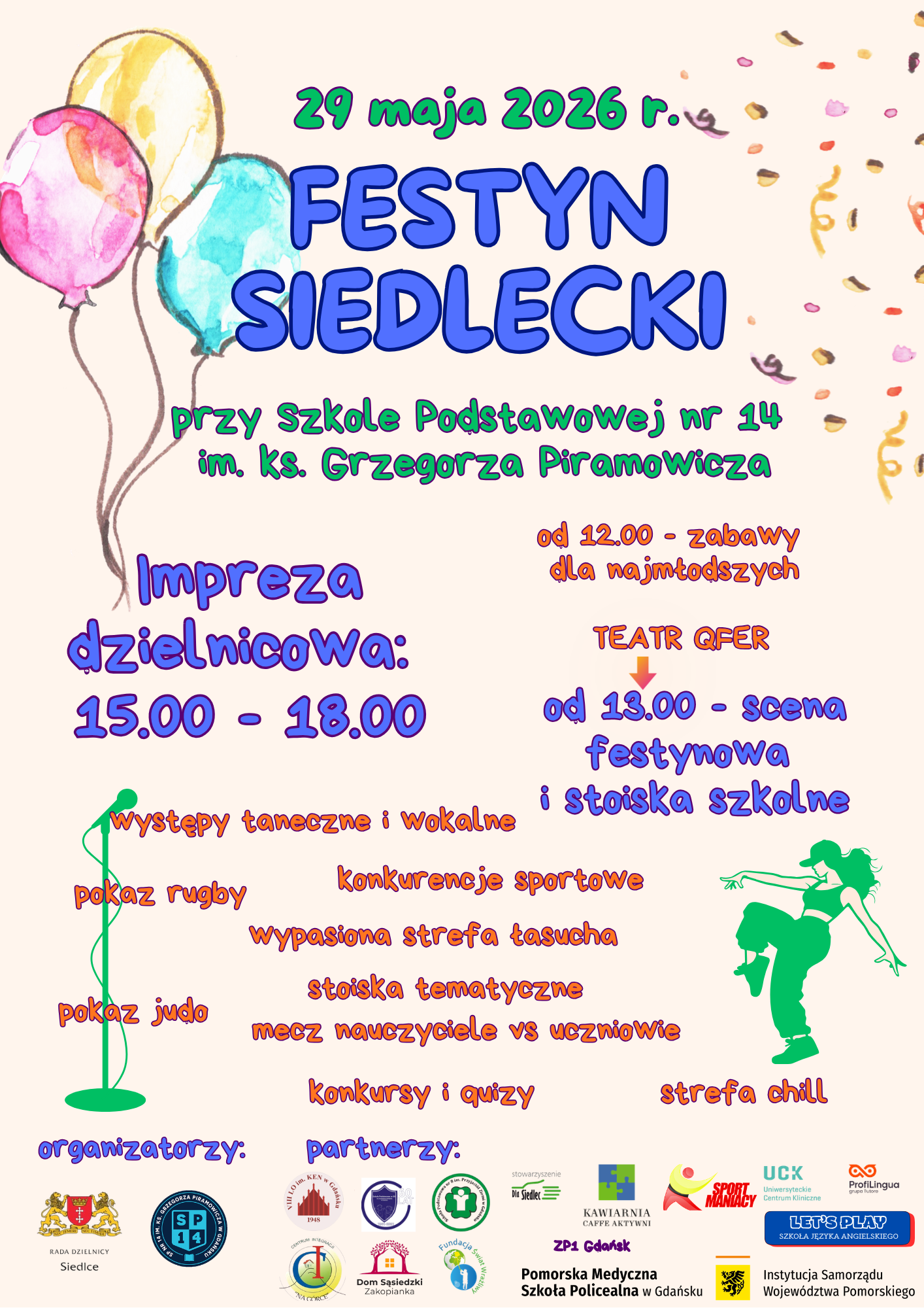 Plakat w jasnych, pastelowych kolorach (beżowe tło) z motywami świątecznymi i rozrywkowymi. W lewym górnym rogu znajdują się trzy akwarelowe balony (różowy, żółty i niebieski), a w prawym górnym rogu kolorowe konfetti i serpentyny. W prawym dolnym rogu widnieje zielona sylwetka tańczącej kobiety w czapce z daszkiem, a po lewej stronie zielona grafika mikrofonu na statywie.