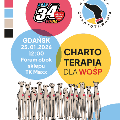 Link do opisu wydarzenia: Charytatywny spacer z chartami w Gdańsku na rzecz WOŚP